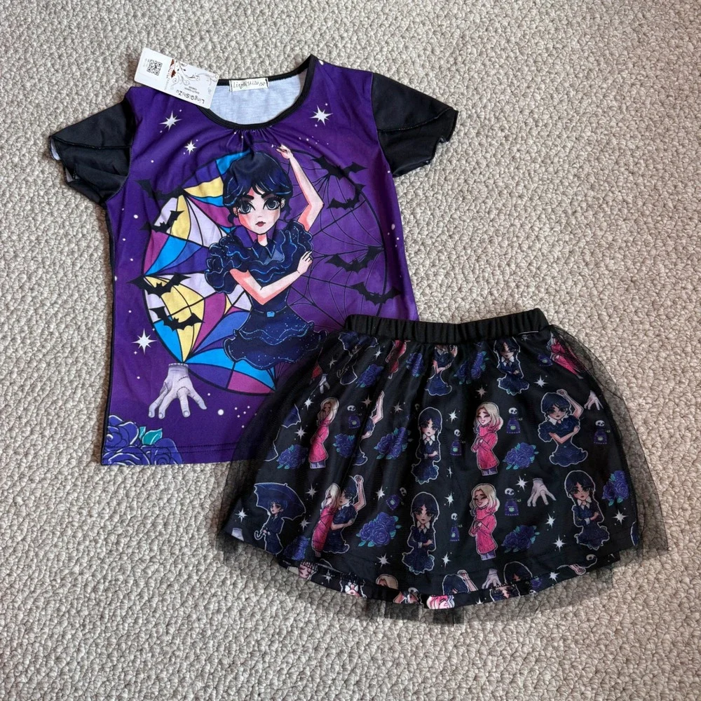 Wednesday Addams Graphic T-Shirt and Tulle‎ Tutu Skirt Set Kids Size 10/12